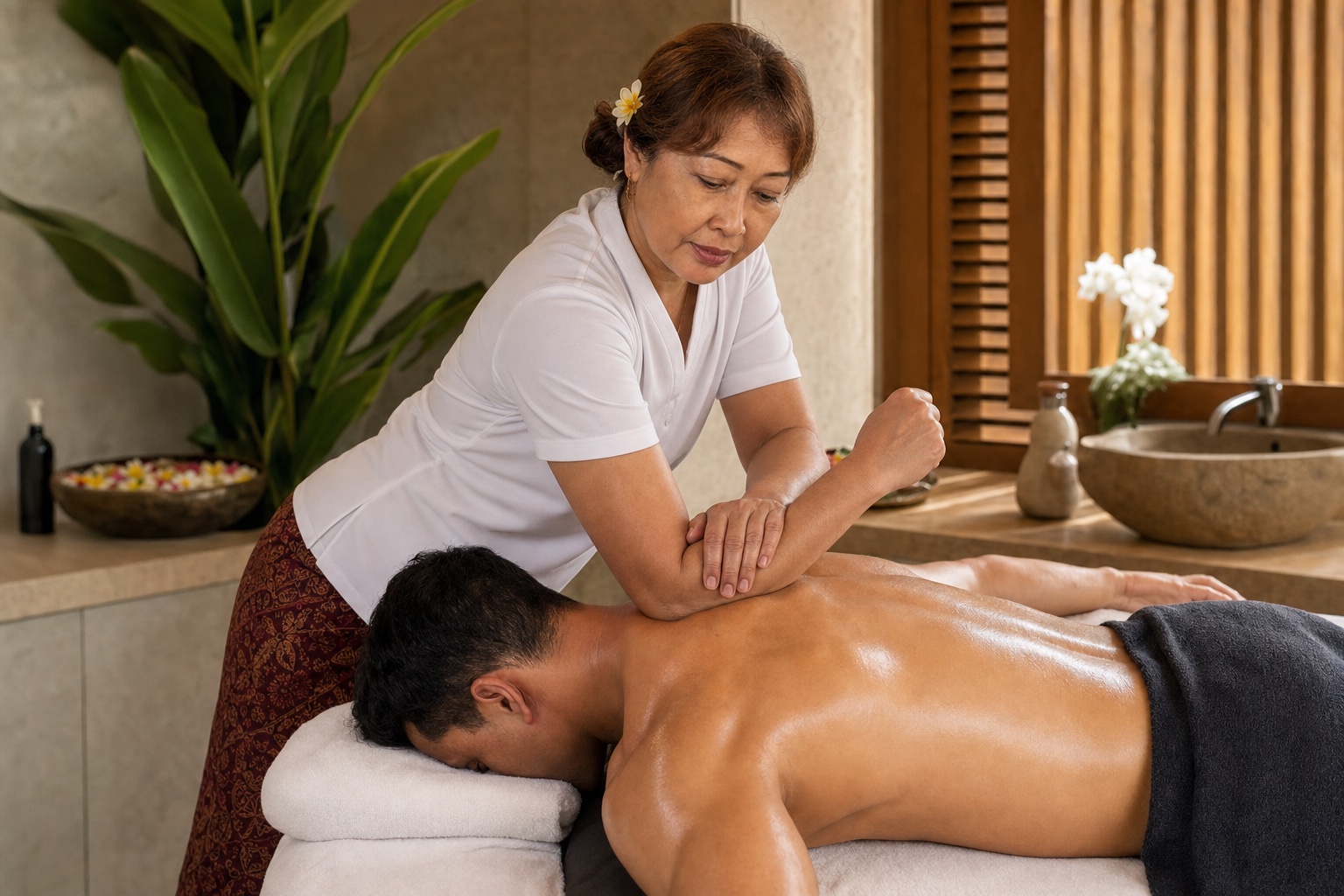 Julia giving a massage to a guest at a Bali villa